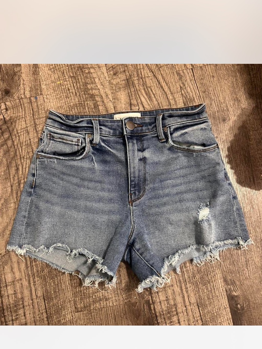 Evereve Frayed High-Rise Washed Blue Denim Shorts
